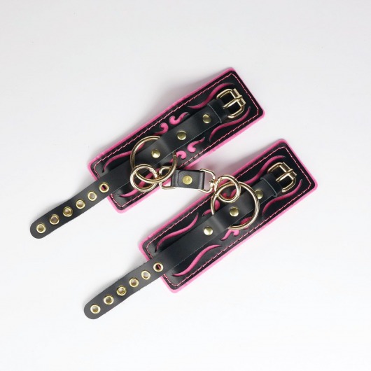 Черные кожаные наручники с розовой строчкой - Crazy Handmade - купить с доставкой в Твери