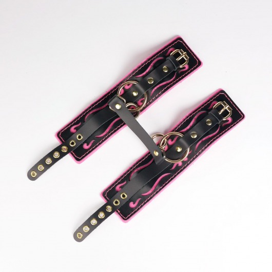 Черные кожаные оковы с розовой строчкой - Crazy Handmade - купить с доставкой в Твери