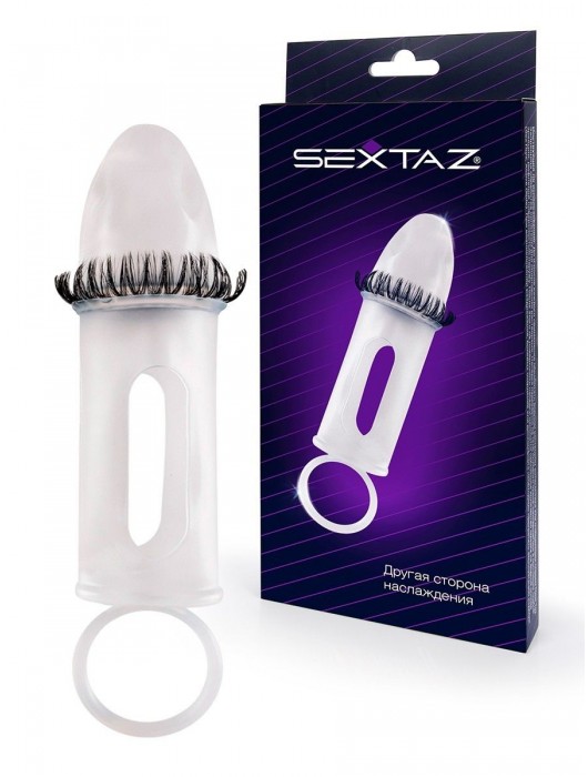 Закрытая насадка на пенис с подхватом мошонки и стимулирующими «ресничками» - Sextaz - в Твери купить с доставкой