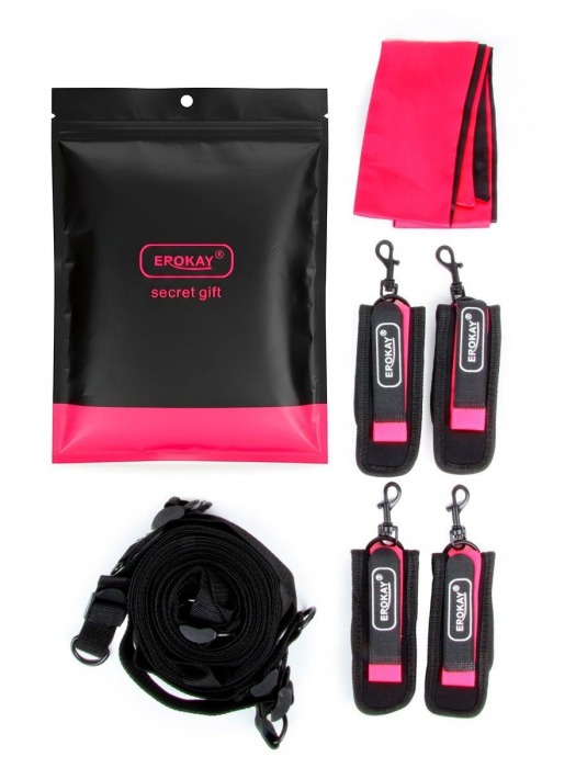 Черно-розовый эротический набор: фиксатор, оковы, наручники, повязка - Erokay - купить с доставкой в Твери