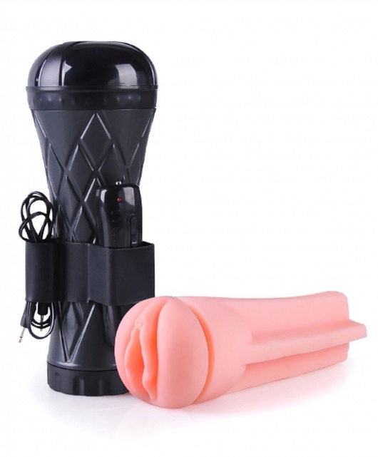 Телесный мастурбатор-вагина в черной колбе с вибрацией - Boys of Toys - в Твери купить с доставкой
