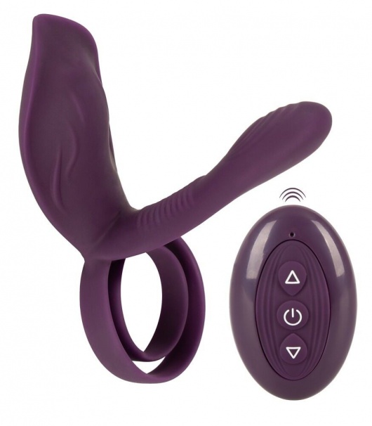 Фиолетовая насадка на член с клиторальным отростком и пультом ДУ RC Couple’s Vibrator 2 - Orion - в Твери купить с доставкой