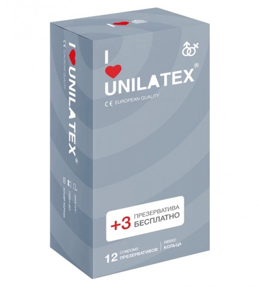Презервативы с рёбрами Unilatex Ribbed - 12 шт. + 3 шт. в подарок - Unilatex - купить с доставкой в Твери